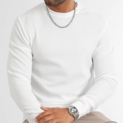 Tee Shirt Manches Longues Texturé Waffle 0400 Blanc
