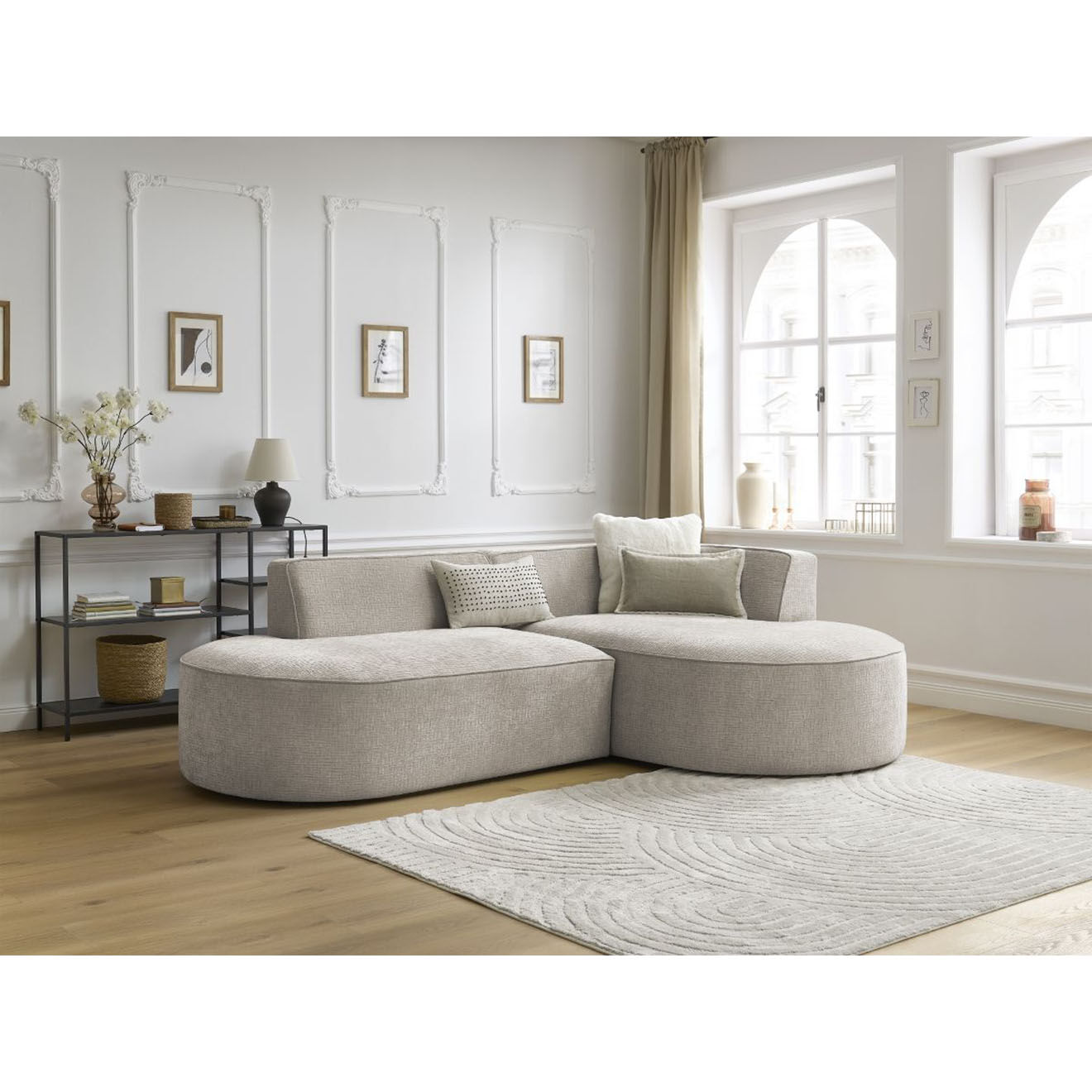 Bobochic Canapé d'angle droit fixe 4 places Rousseau texturé beige - 250x160x72 cm