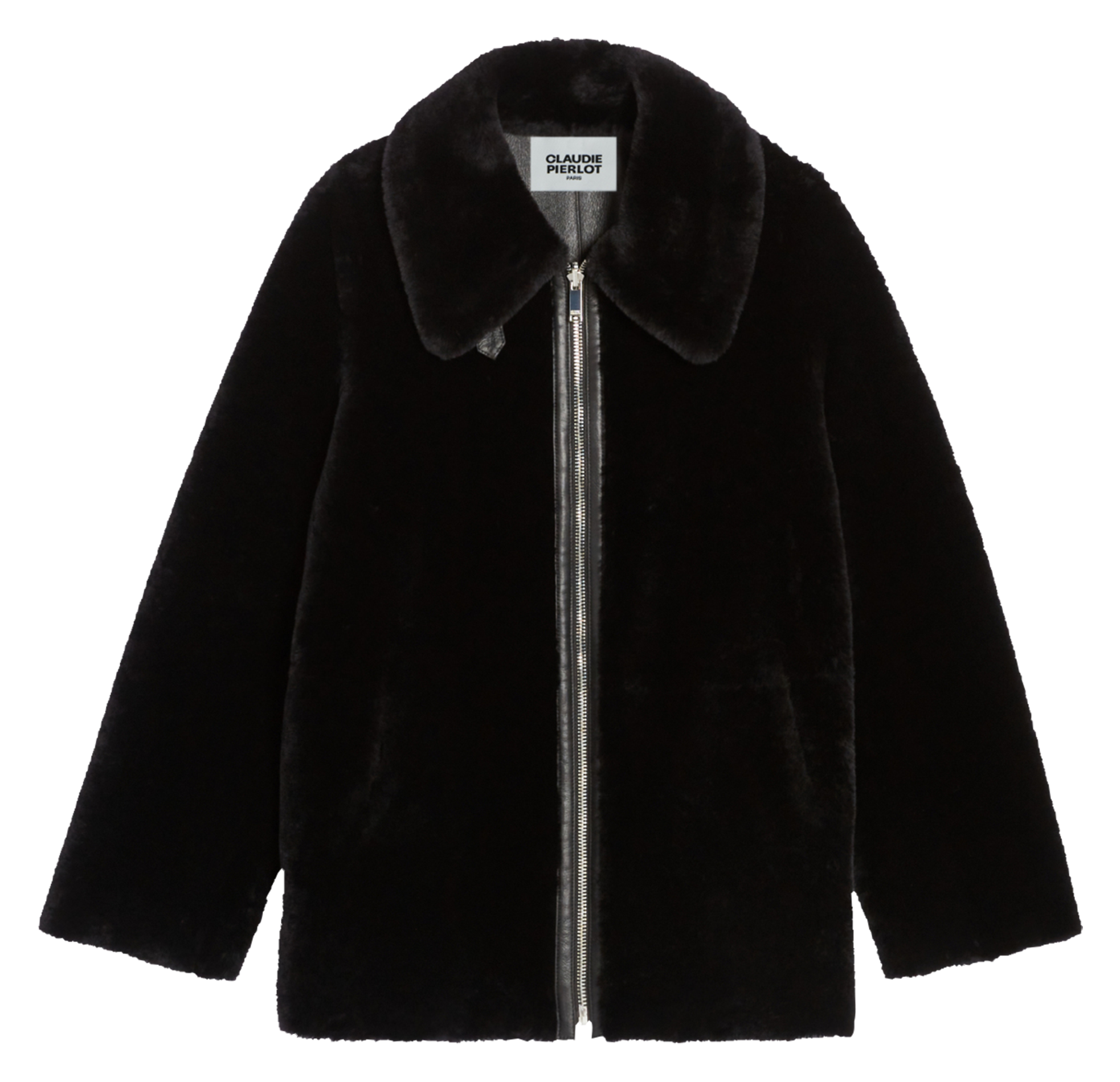 Manteau col chemise fourré en cuir| Noir