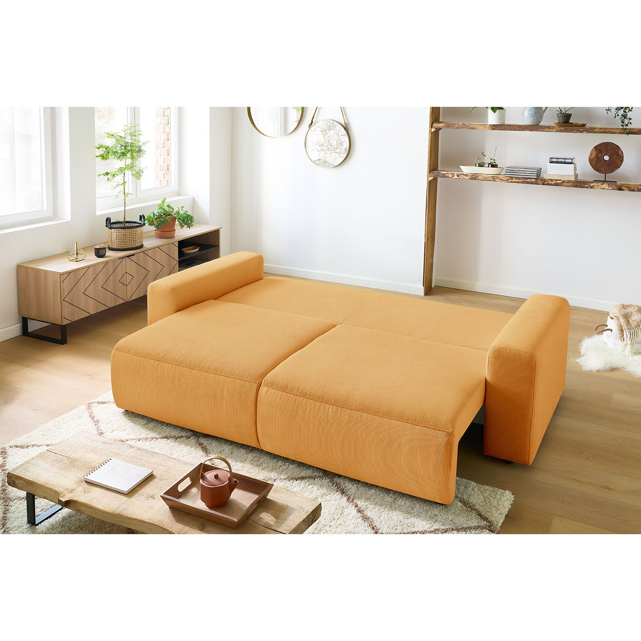 Bobochic Canapé 3 places convertible velours côtelé Envy jaune - 245x102x88 cm