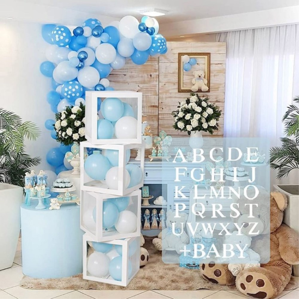 (35-tlg. Set) Baby Buchstaben Boxen Party Deko Accessoire Faltbare Papier Kisten Alphabet Baby Shower / Gender Reveal - Weiss / Transparent