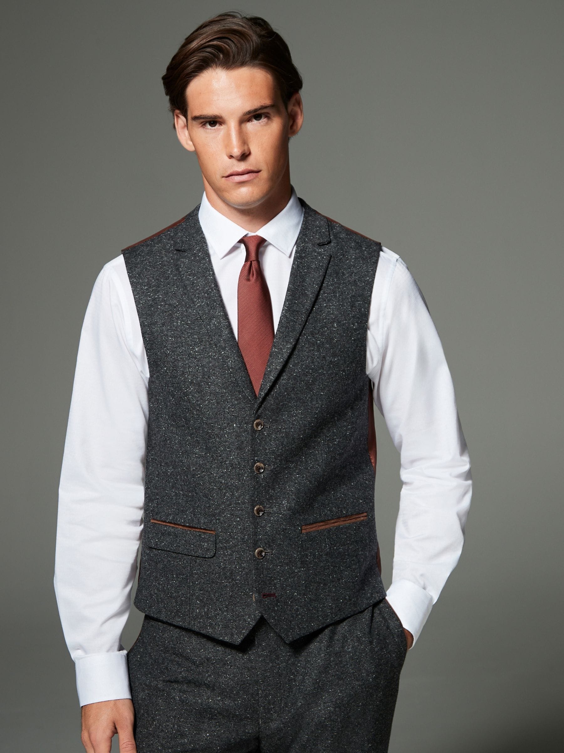 Antraciet - Regular Fit Wollen Blend Getrimd Kostuum Waistcoat