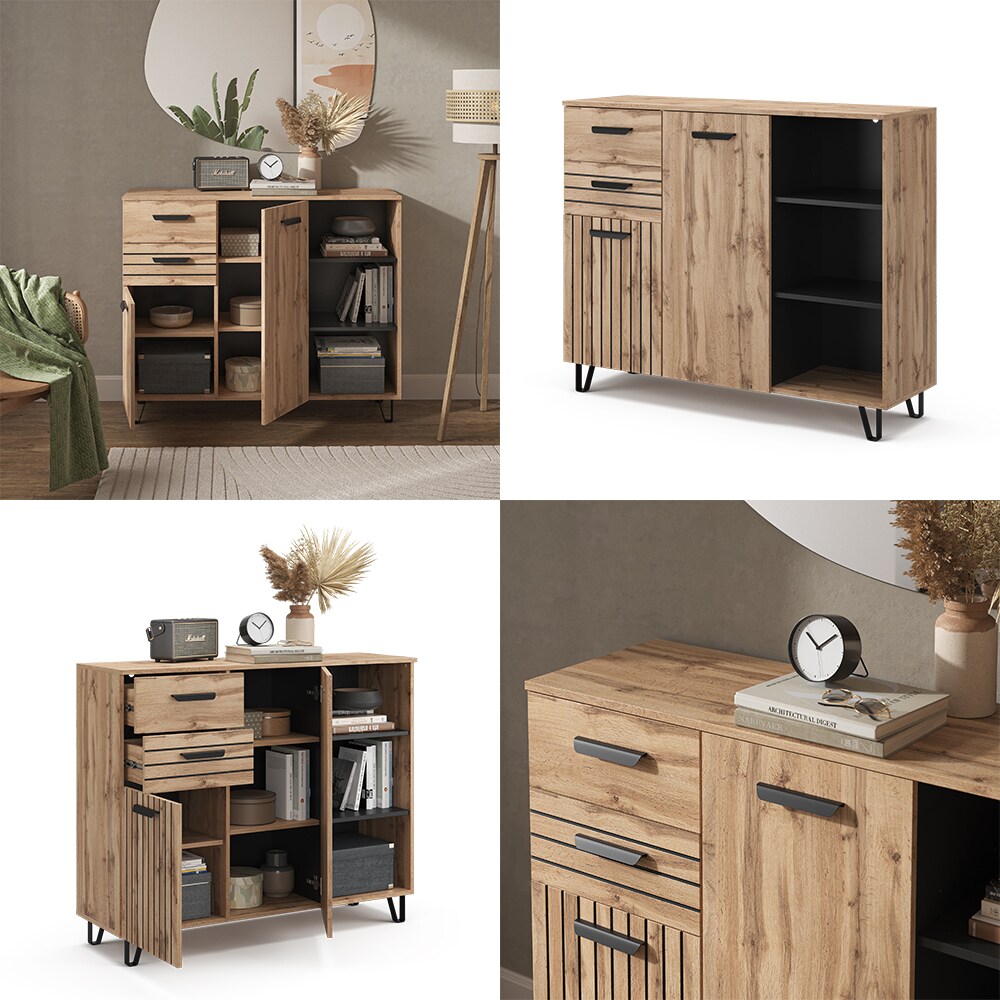 Vicco Sideboard Amber Eiche Wotan 120 x 100 cm mit 2 Türen und 2 Schubladen