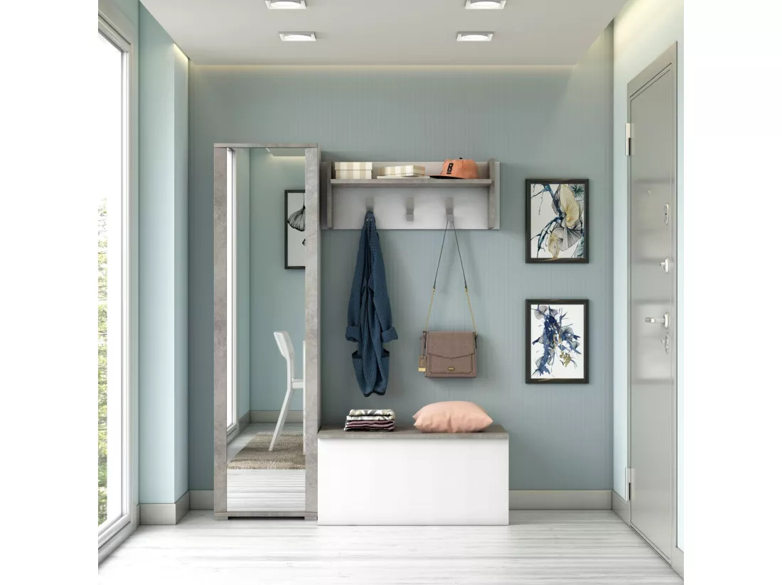 Meuble d'entrée Djohnse, Entrée moderne avec portemanteau, Meuble avec étagère à chaussures, Meuble avec miroir, 50x32h182 cm, Blanc et Ciment