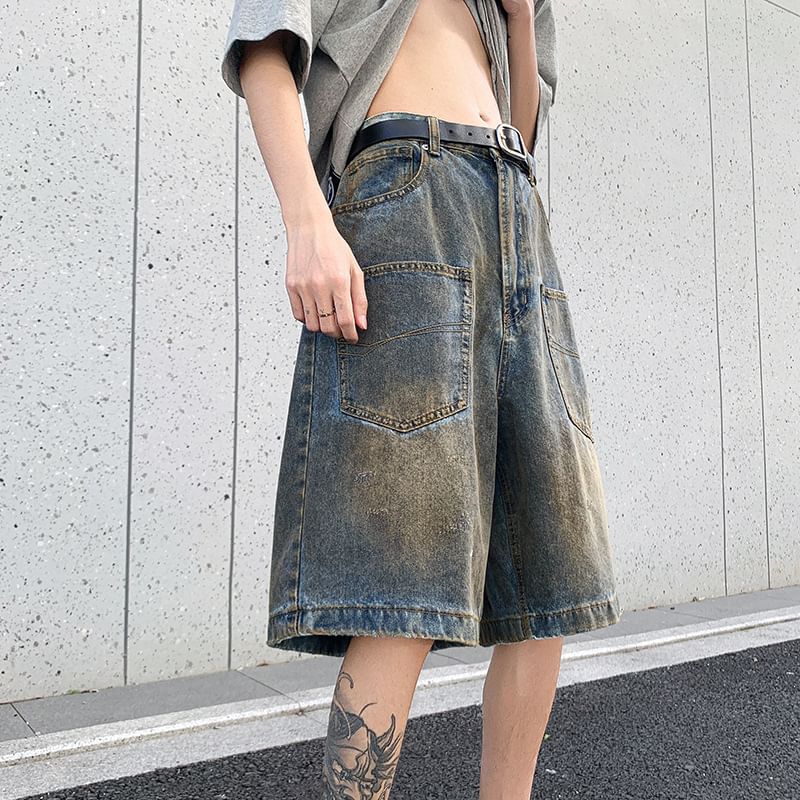 Hushgrain - Mid Rise Washed Denim Shorts