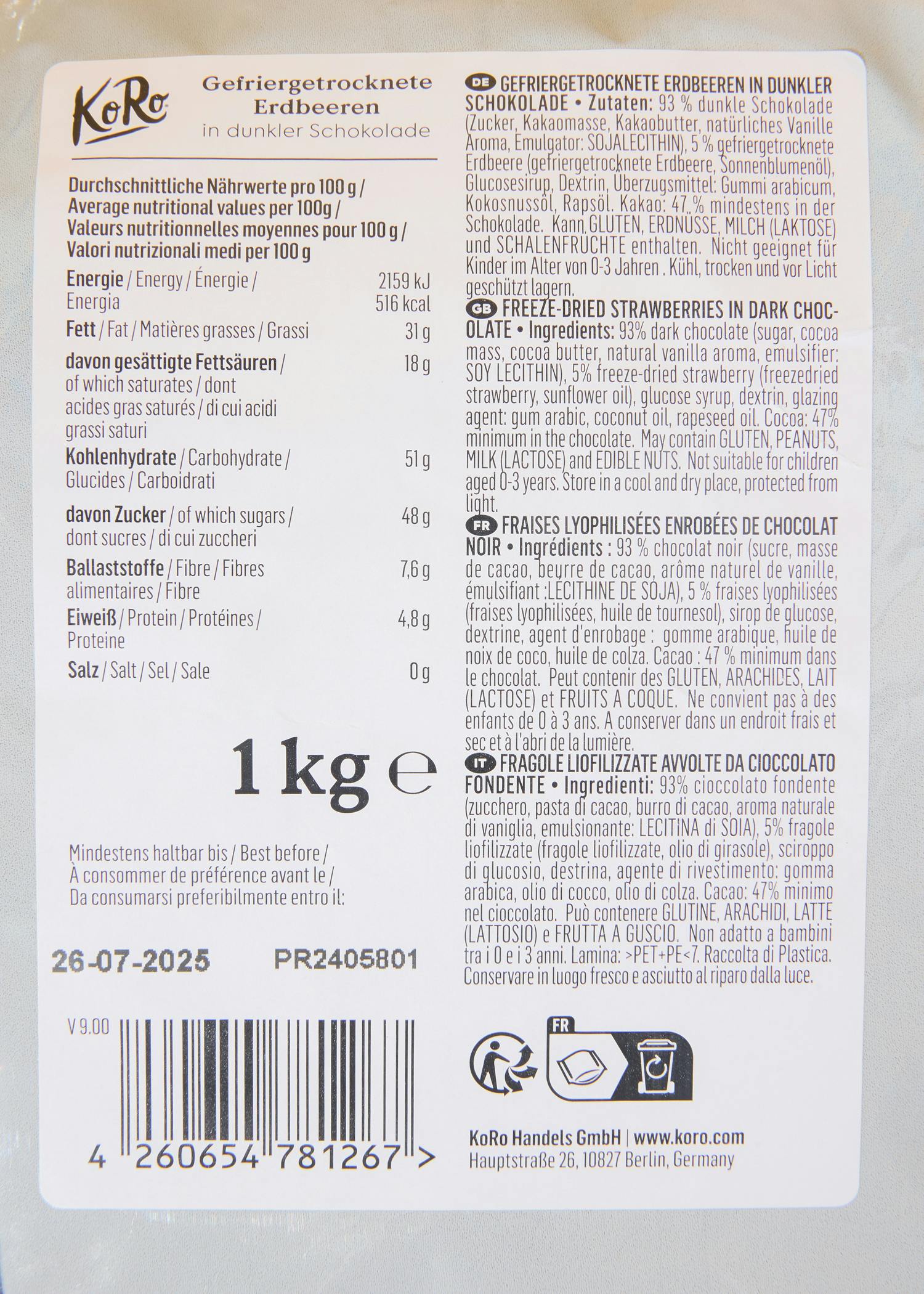 Gefriergetrocknete Erdbeeren in dunkler Schokolade 1 kg