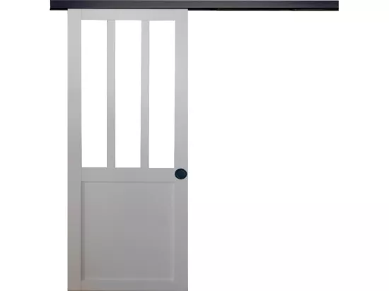 Porte Coulissante Atelier Blanc H204 X L93 + Rail Alu Bandeau Noir Et 2 Coquilles Noir Gd Menuiseries