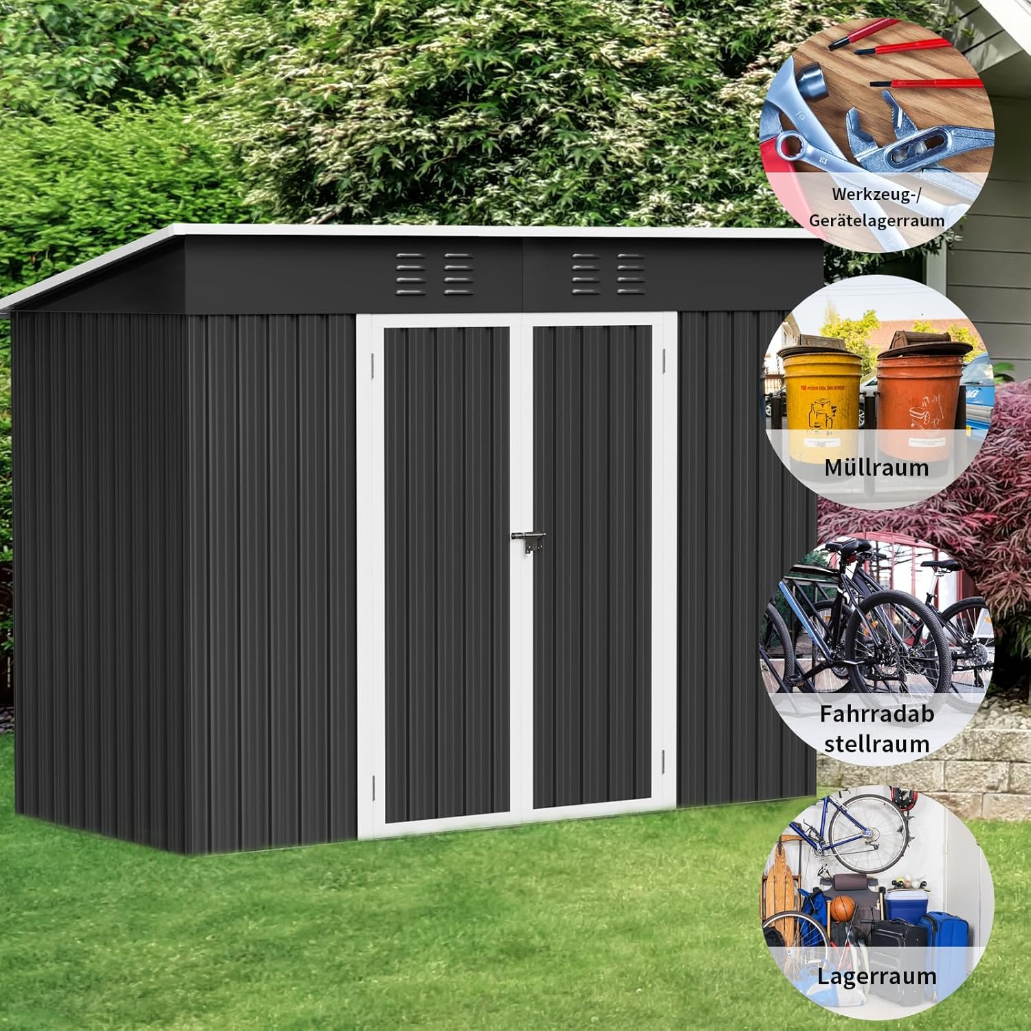 UDPATIO Metall Gartenhaus mit 5 m³ - 246 x 121 x 181 cm für den Außenbereich, Geräteschuppen, Fahrradgarage, Verzinkter Stahl mit Abschließbarer Tür für Hinterhof,Dunkelgrau