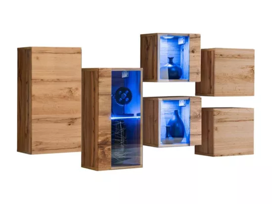 Ensemble meubles de salon SWITCH SBIV design. Coloris chêne. Système LED intégré.