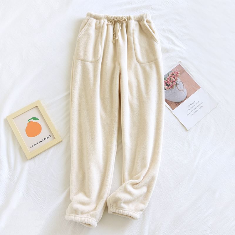 molpes - Hoge taille effen koraal fleece pyjamabroek (verschillende ontwerpen)