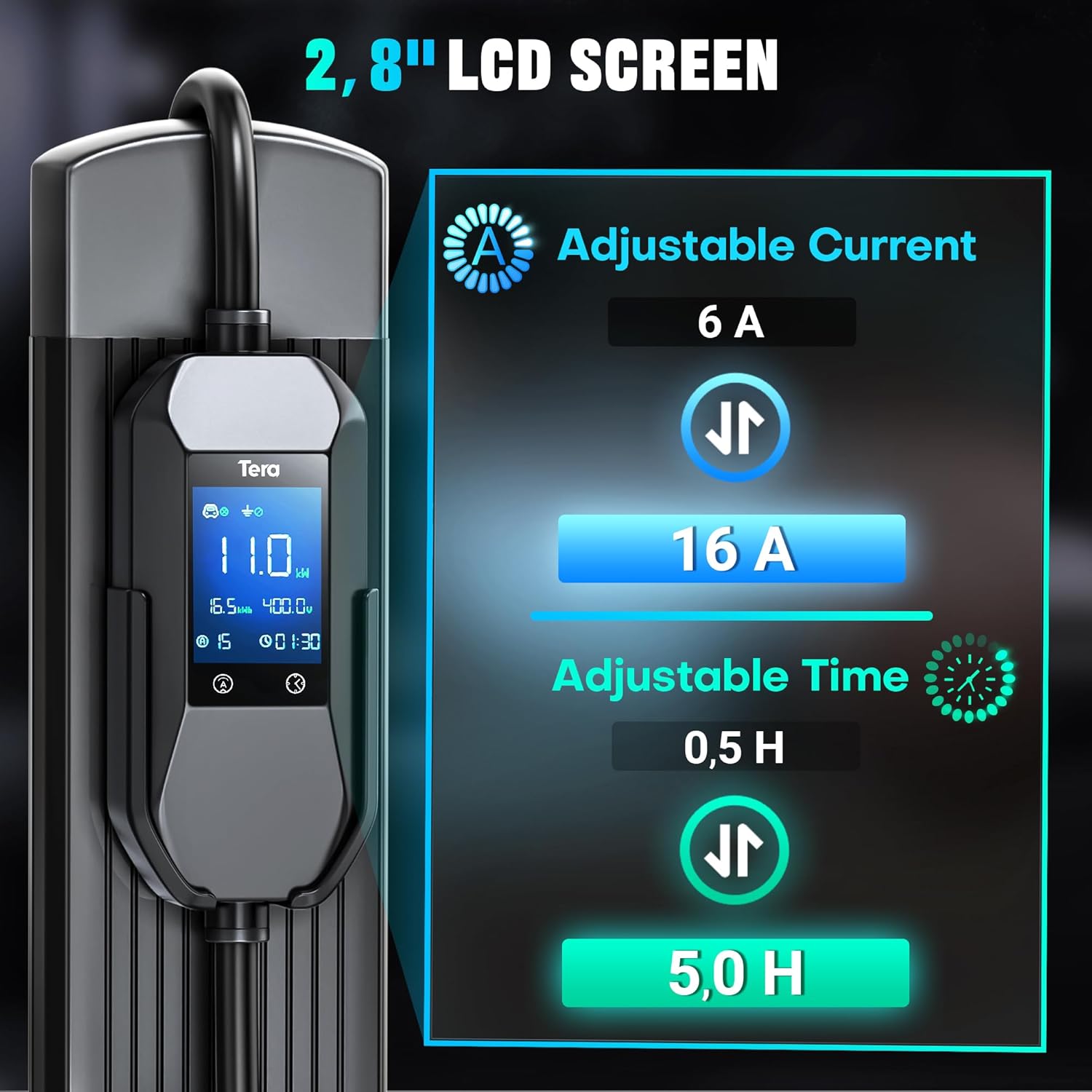 Tera Mobile Wallbox EV Ladegerät Ladestation : 11kW CEE 16A auf Typ 2 IP66 3-Phasig 7.5m 2,8