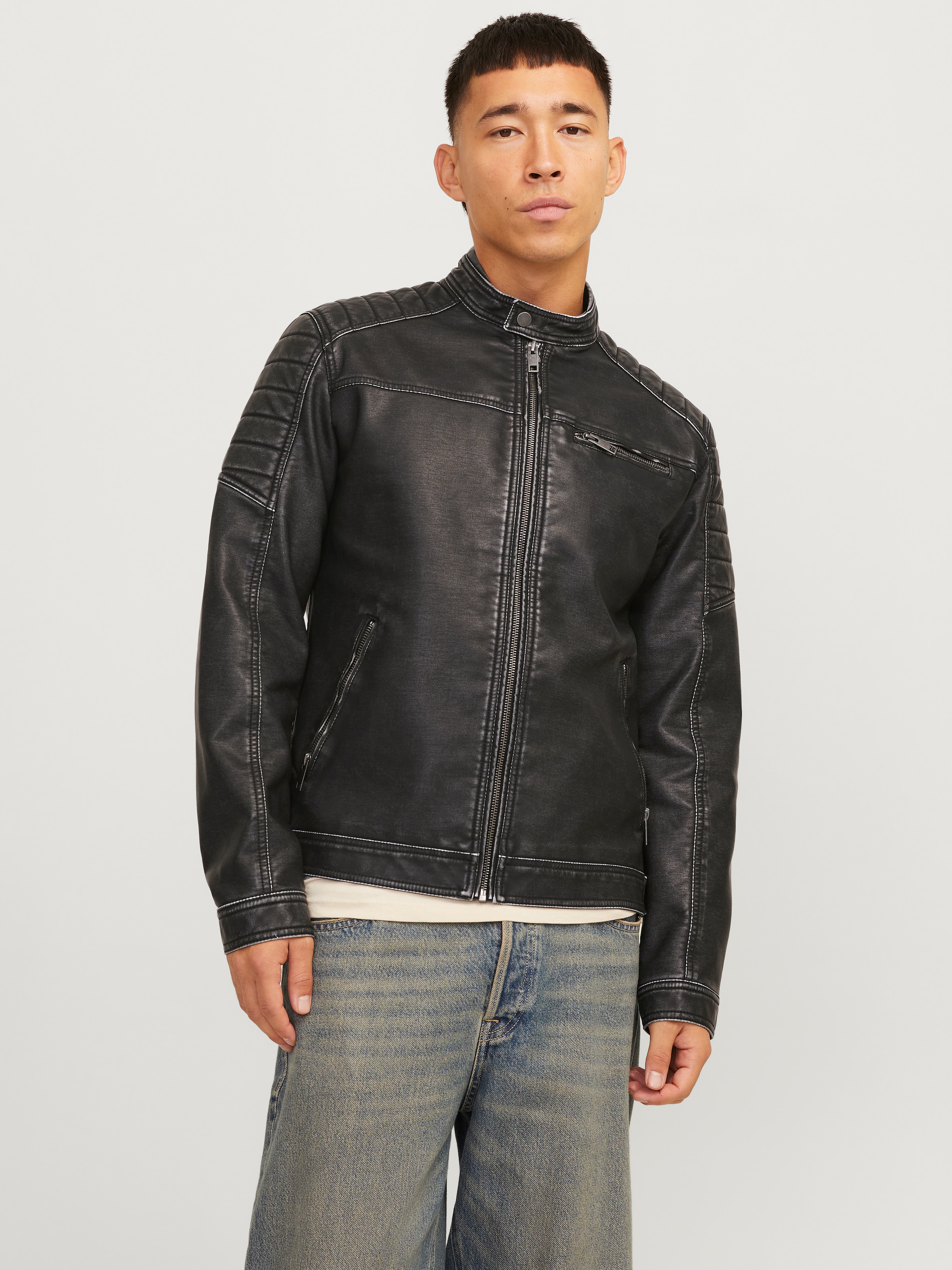 Jack & Jones Lederimitatjacke »JJEROCKY WASHED PU JACKET NOOS« ohne Kapuze mit Bandkragen