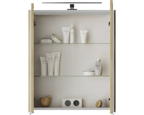 3-delige badkamermeubelset Pelipal serie 4035 BxHxD 60 x 200 x 45 cm, frontkleur eiken riviera, met keramische wastafel in wit en keramische wastafelkast, wastafelmeubel, spiegelkast met LED-verlichting 40350600121470