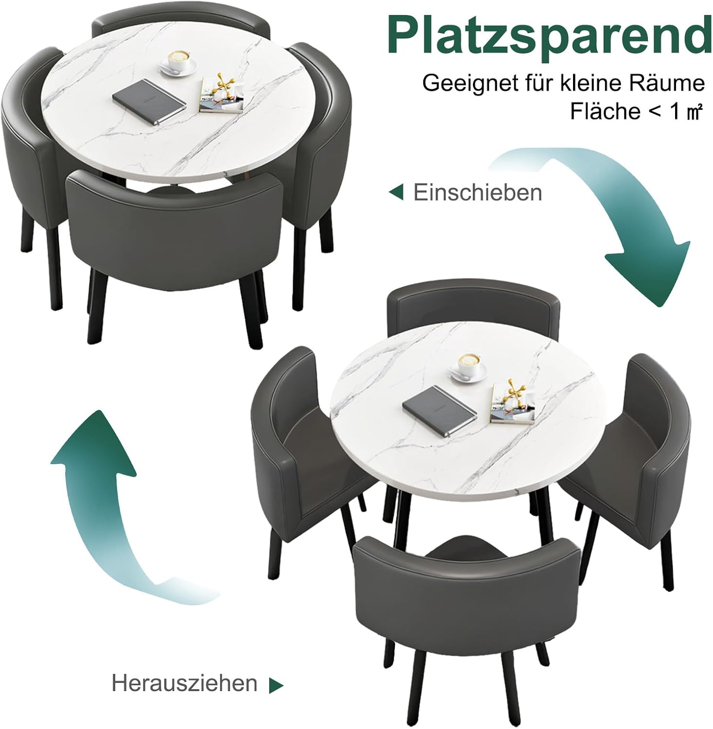 Essgruppe Set Esstisch und 4 Esszimmerstühle, Runder 90cm Essgruppe 5-Teilig aus Tischplatte in Marmoroptik und 4 PU-Leder Küche Stuhl für Küche Wohnzimmer Balkon Büro, Marmorimitat + grau