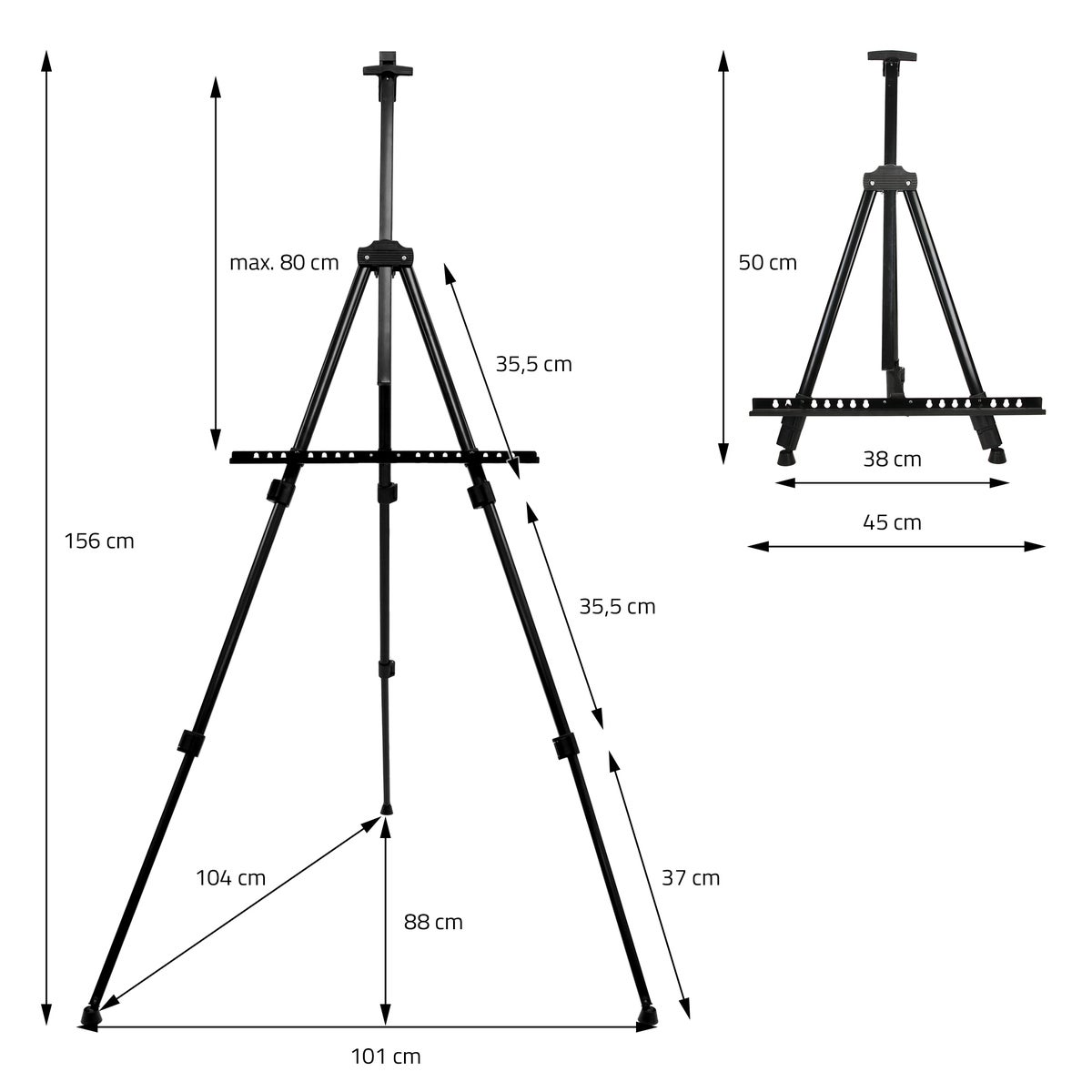 ECD Germany Metalen opvouwbare ezel met plank en houder voor verf en penselen, verstelbare hoogte 50-156 cm, lichtgewicht en stevig, studio-ezel met draagtas, veld-ezel, tafel-ezel voor canvas