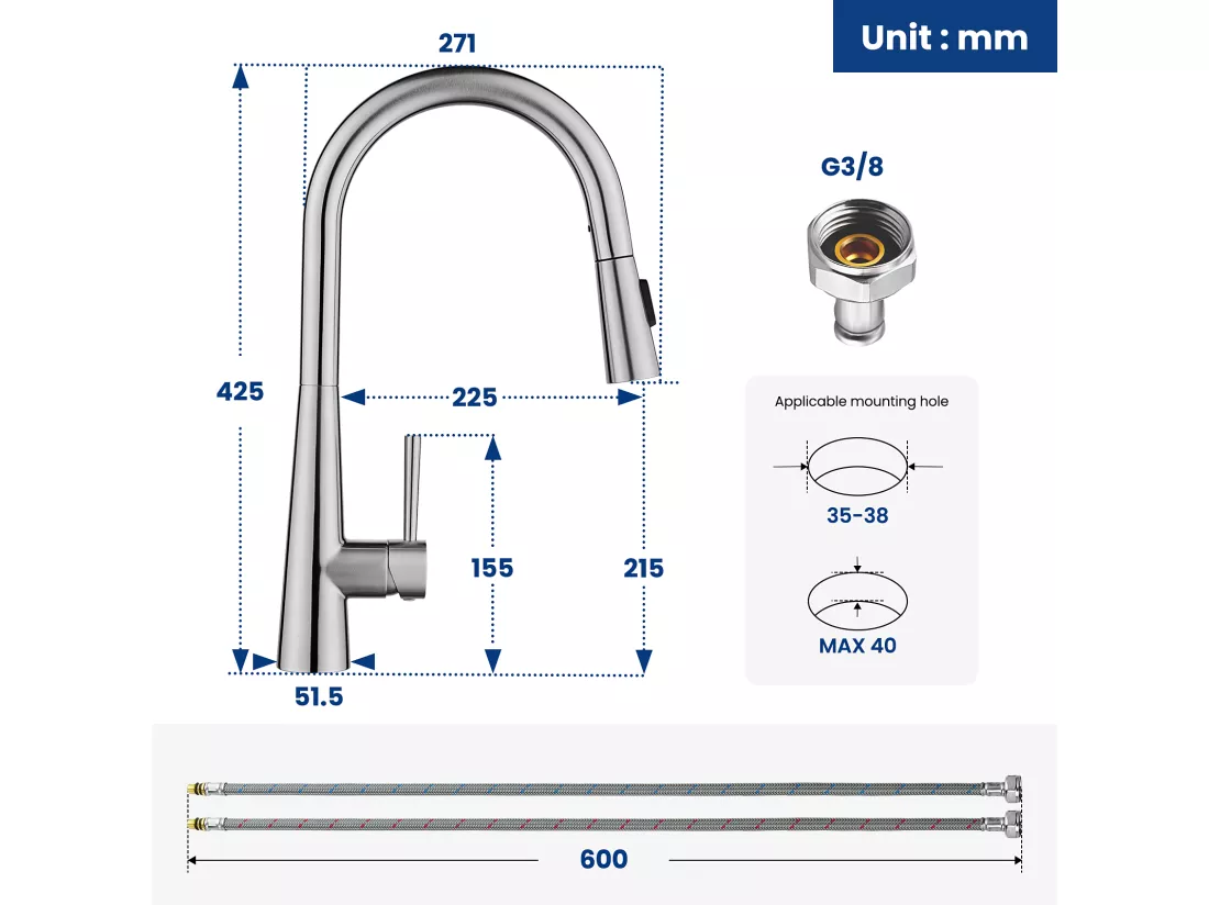 Cecipa max Mitigeur de Cuisine avec Douchette Extractible - Robinet d'Évier avec 3 Modes de Sortie D'eau - Mitigeur Cuisine en Inox Brossé,EU Modèle