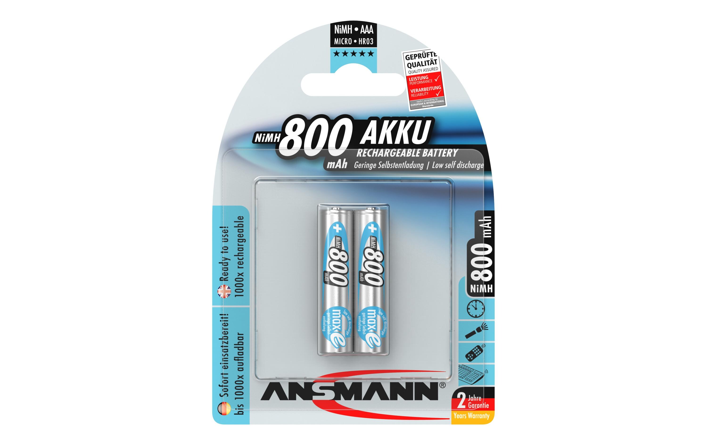 Akku Typ 800 NiMH AAA 800 mAh, 2 StückAkku mit maxE Technologie
