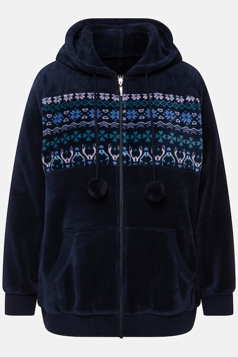 Homewear-Jacke, Norwegermuster, Plüsch, Kapuze