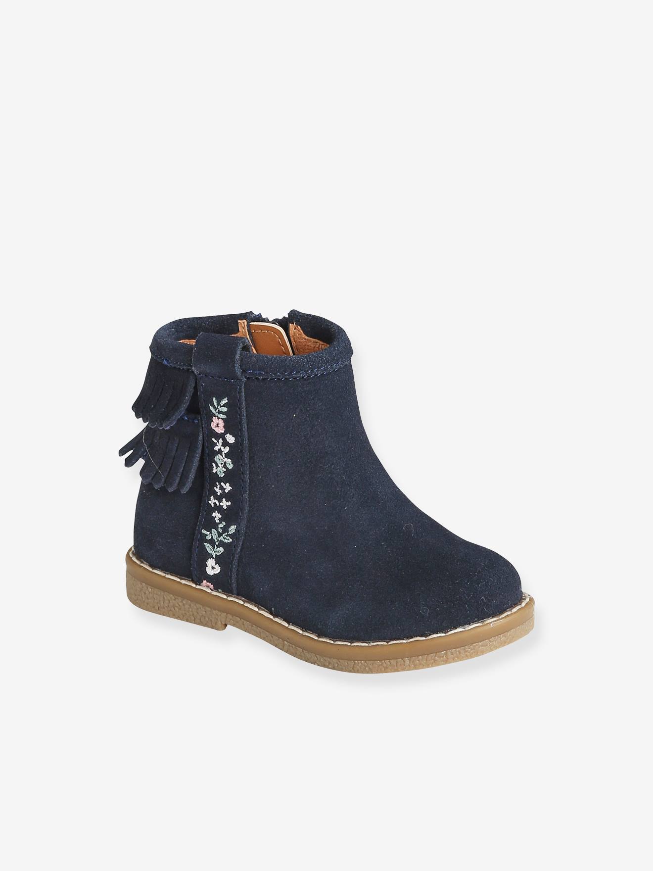 Botas de tornozelo de couro com franjas, lisas, azul-escuras, para bebê menina, com estampas.