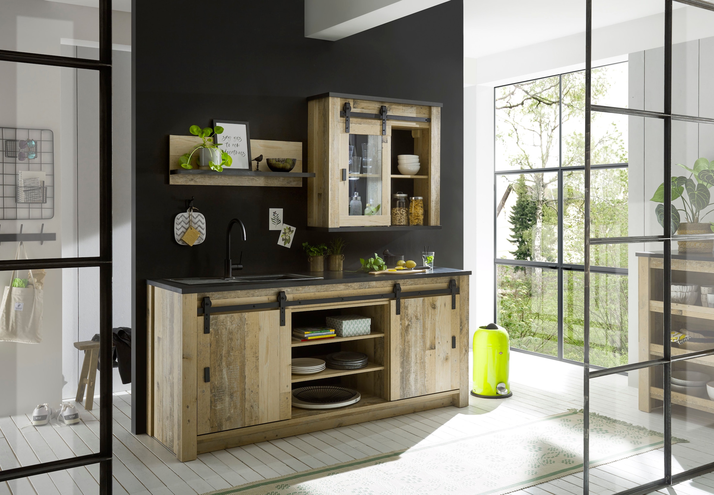Home affaire Spülenschrank »Sherwood« Breite 201 cm, mit Scheunentorbeschlag aus Metall