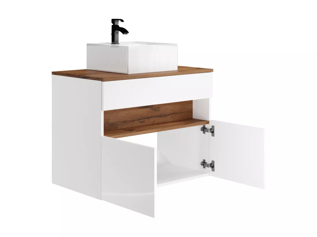 Meuble de salle de bain suspendu à LEDs avec vasque à poser - Blanc et naturel foncé - L80 cm - POZEGA