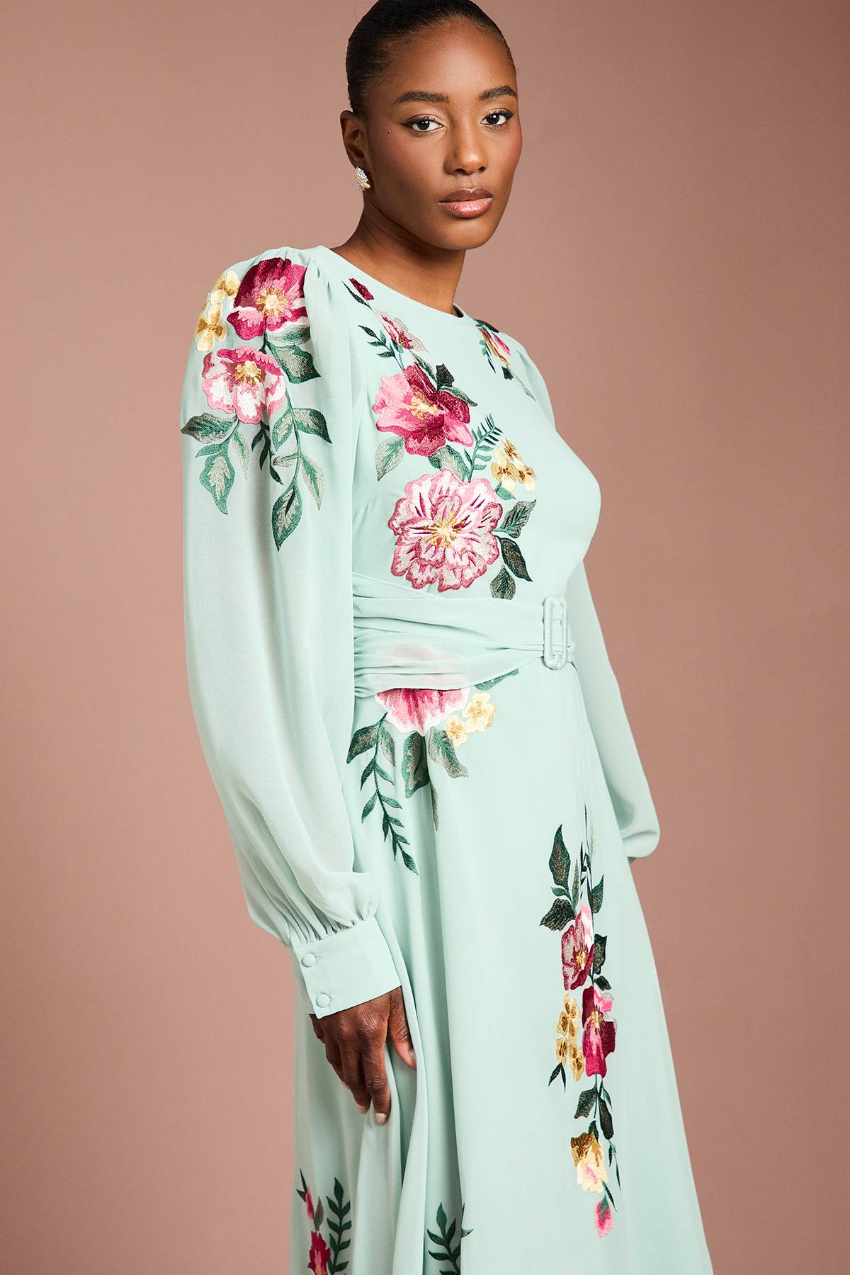 Coast Robe Midi Brodée À Manches Longues Avec Ceinture