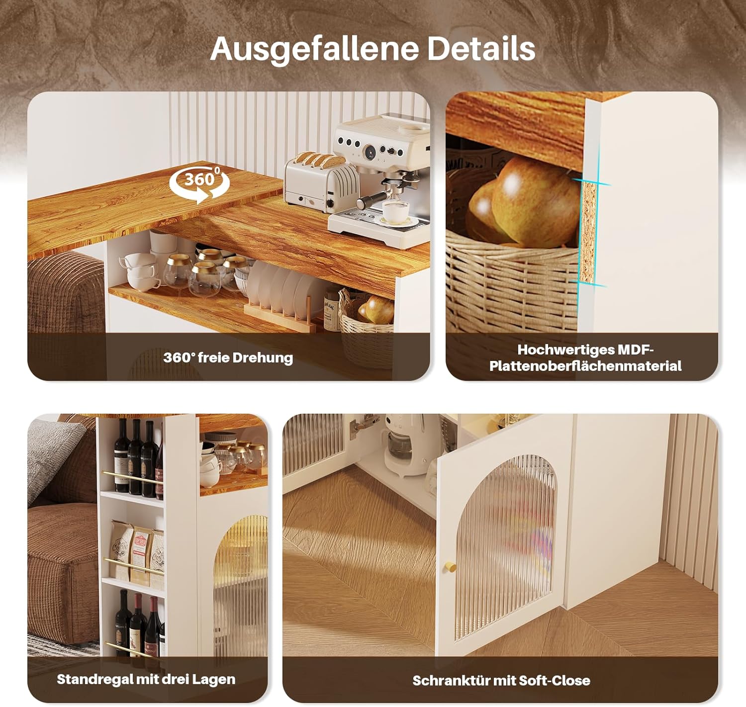 Ausziehbarer Bartisch 138–193 cm mit Stauraum, Drehbarer Stehtisch & Esstisch, Bistrotisch für Esszimmer und Küche, mit LED Beleuchtung, Weiß