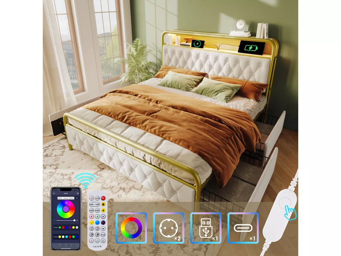 Lit 160x200cm avec tiroirs + LED + Ports de recharge - rembourré en velours - avec sommier en métal - Beige