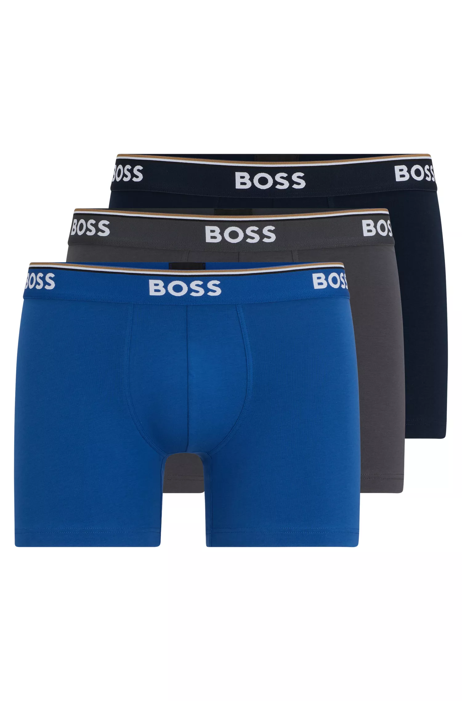 BOSS - Pacote com três cuecas boxer pretas de algodão elástico com logotipos.