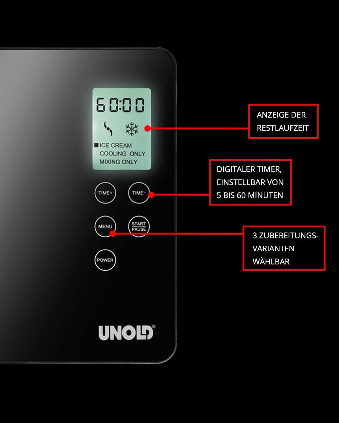 UNOLD 48845 Eismaschine Gusto - mit selbstkühlendem Kompressor, 180 W, 2 L Volumen, elegantes Edelstahlgehäuse, LCD-Display, Digitaler Timer