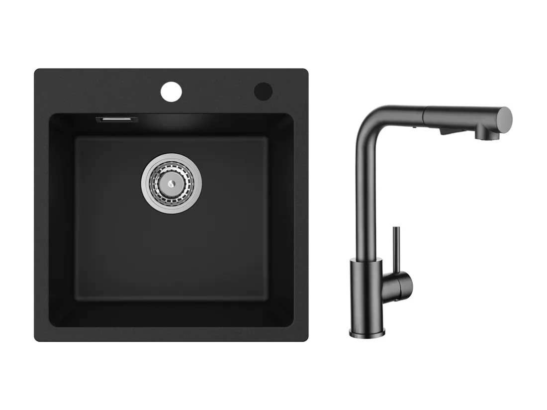 Cecipa MAX Evier 1 Bac en Quartz et Résine Noir 45x45cm Evier à Encastrer + Mitigeur Cuisine Avec Douchette Extractible
