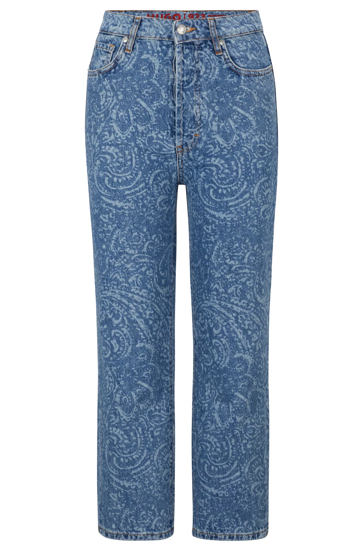 Calça jeans HUGO vermelha, corte moderno, em denim rígido com estampa paisley.