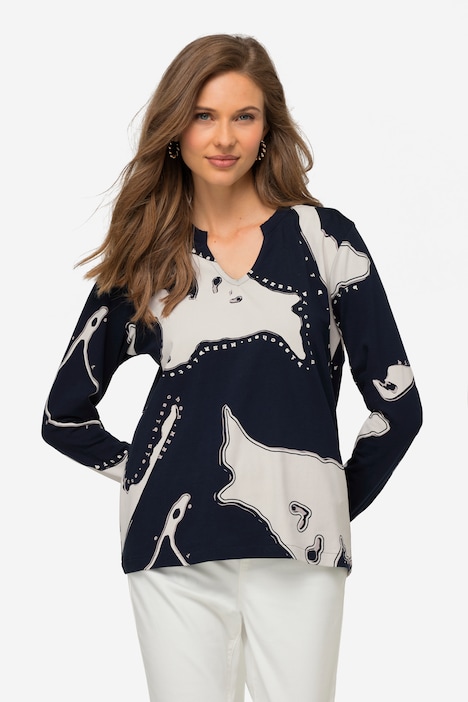 T-Shirt, Insel Print, V-Ausschnitt, Langarm