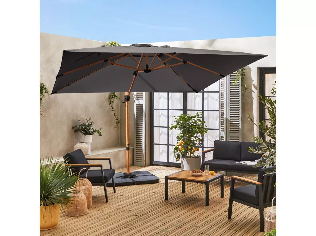 Parasol déporté carré 3x3m haut de gamme - Falgos - Gris- Parasol excentré inclinable. rabattable et rotatif à 360°.