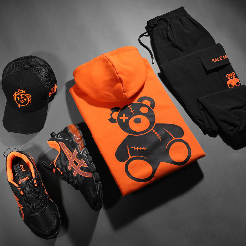 Sweat Capuche Nounours Orange Noir