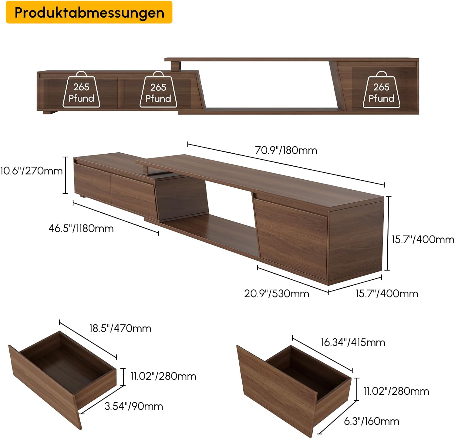 Homary Ausziehbares TV Schrank 180 cm - 280 cm Lang, TV Lowboard Walnuss TV Möbel mit 3 Schubladen, TV-Board für Fernseher bis zu 120 Zoll, Walnuss Moderner Fernsehtisch mit Stauraum für Wohnzimmer