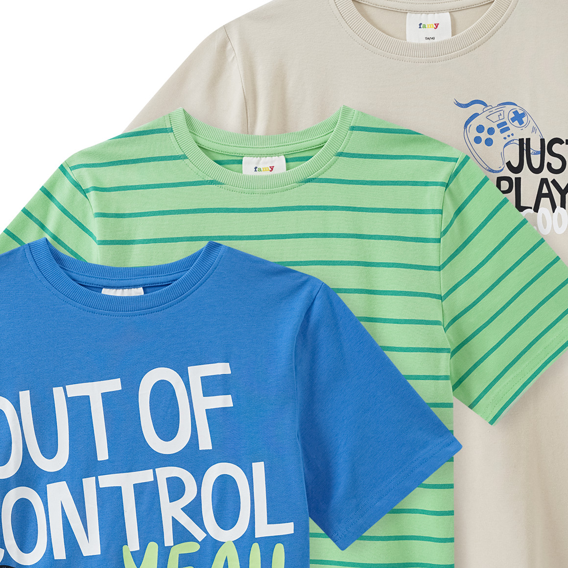 Famy 3 Jungen T-Shirts in verschiedenen Dessins blau / beige / hellgrün