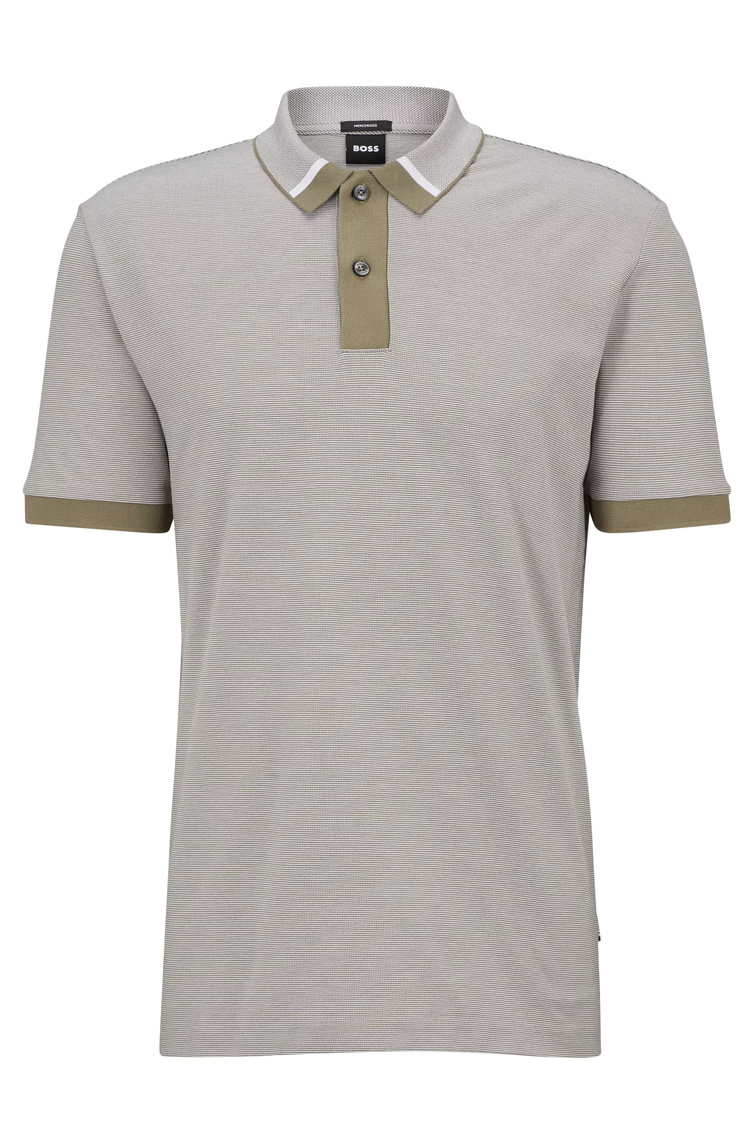 Camisa polo BOSS preta, corte regular, com microestampa bicolor.