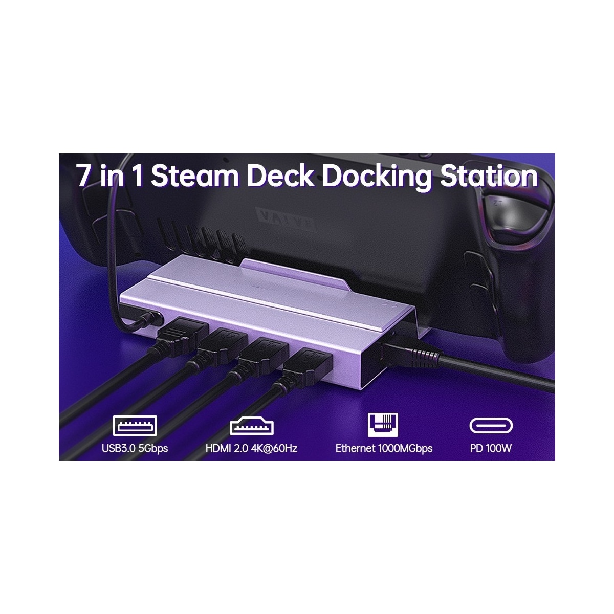 NÖRDIC Steam Deck-dokkingstasjon 1 til 7 - 1xHDMI 2.0 (4K60Hz), 1xM.2 SSD, 1xUSB-C PD 100W, 2xUSB-A 3.1, 1xUSB-A 2.0, 1xGigabit Ethernet