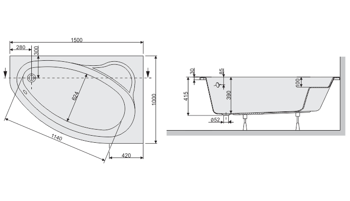 Plazan Ekoplus hoekbad 150x100cm wit rechts inclusief potenset