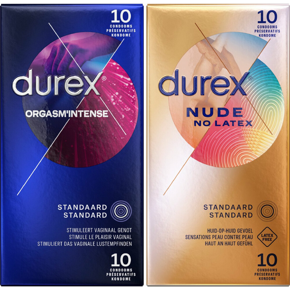 Durex - Orgasm Intense Condooms 10 stuks & Nude No Latex Condooms 10 stuks - Pakket