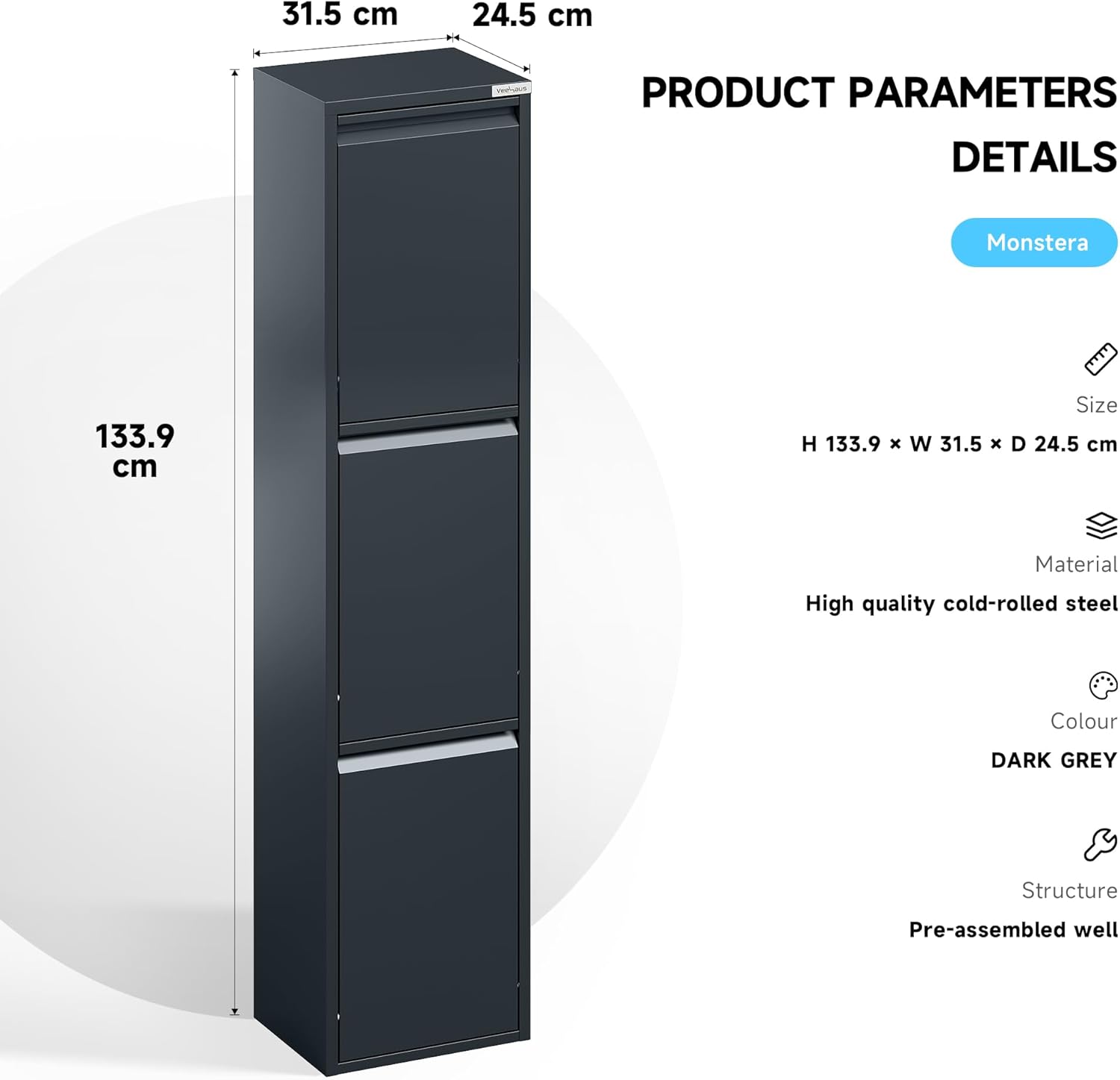 Küche Mülleimer Für Den Vielseitigen Einsatz Mit Klappen Aus Edelstahl Stilvoller Abfalleimer Für Eine Effiziente Und Praktische Aufbewahrung Anthrazit (3 x 15 LT - 45 LT)