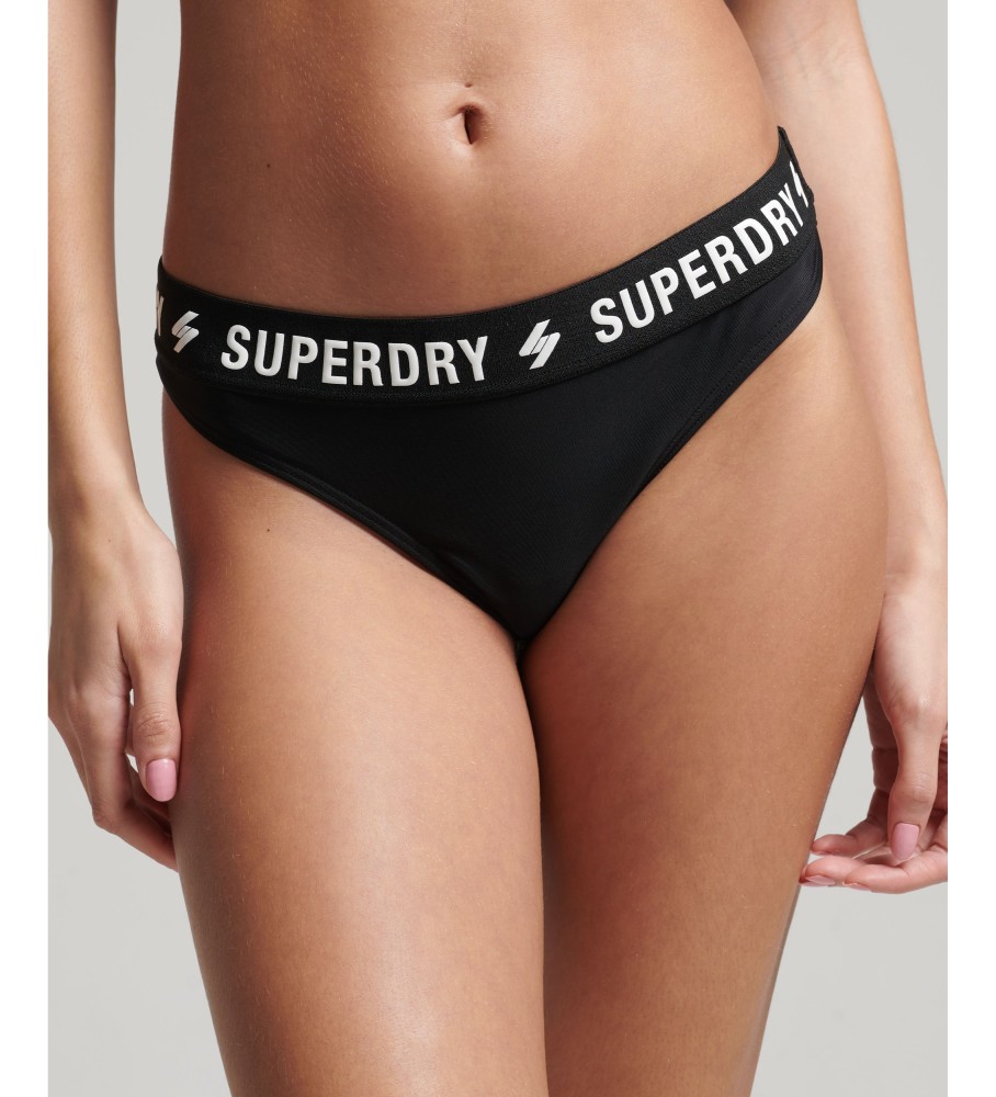 Calcinha de biquíni Superdry preta, feita com elástico reciclado.