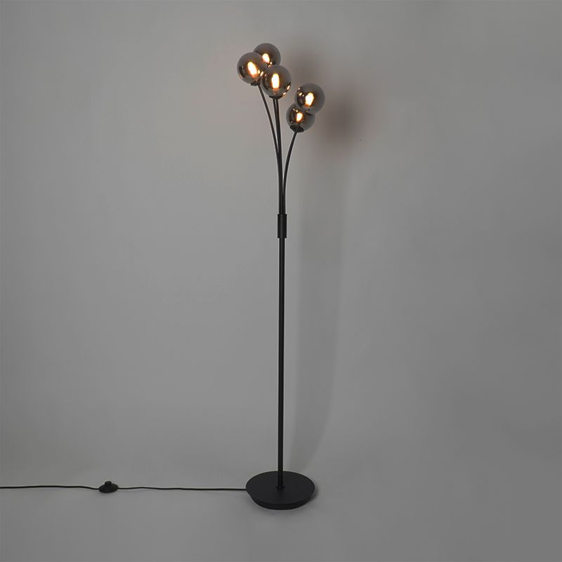 Moderne vloerlamp zwart 5-lichts met smoke glas - Athens