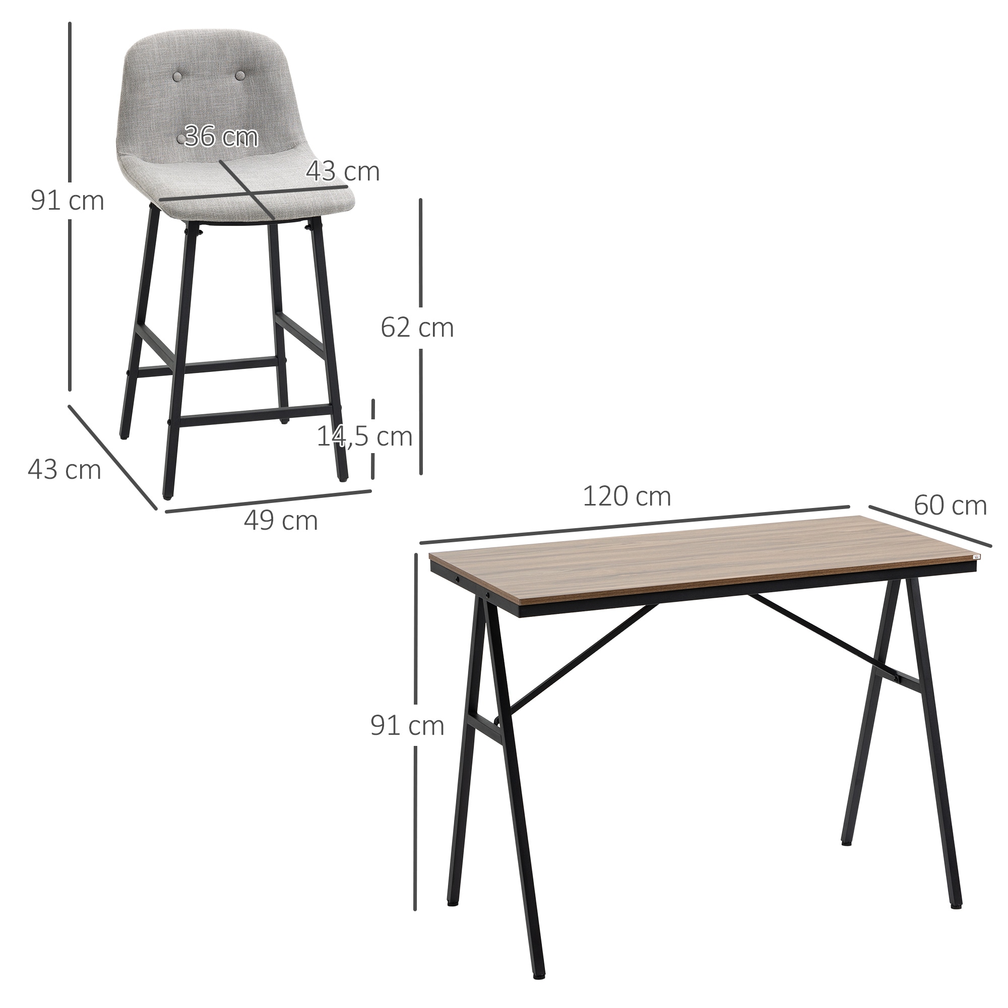 HOMCOM Bartisch-Set mit Fußstütze grau, natur 120L x 60B x 91H cm