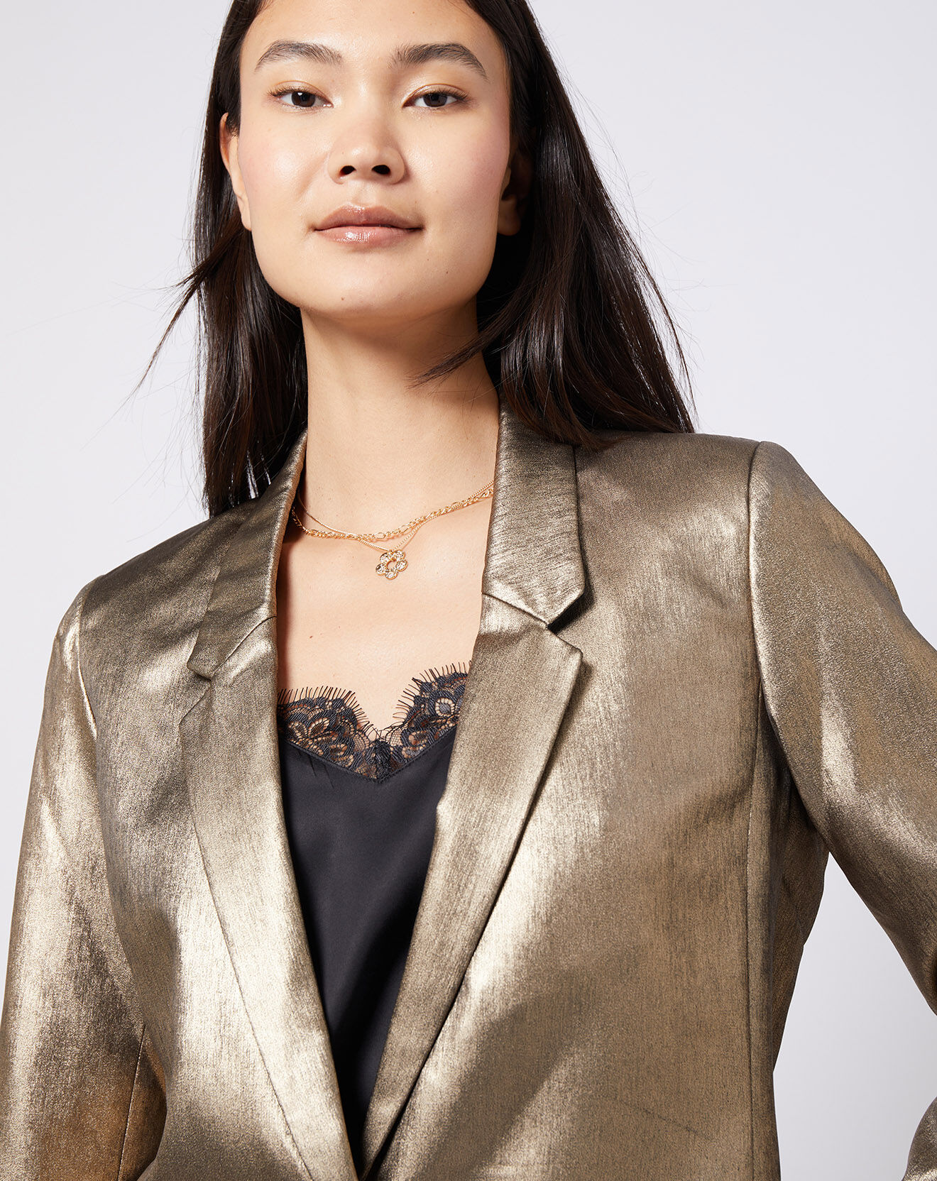 Esprit Veste blazer enduit métallisé coupe droite bronze