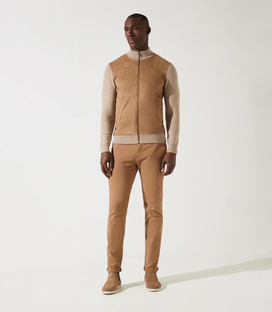 Gilet zippé col rond mix matière beige