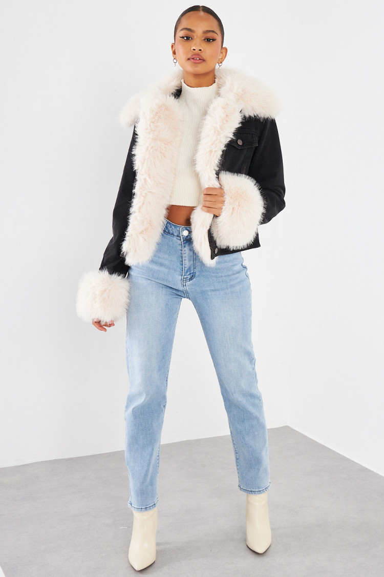 Veste en jean à fourrure noir/beige