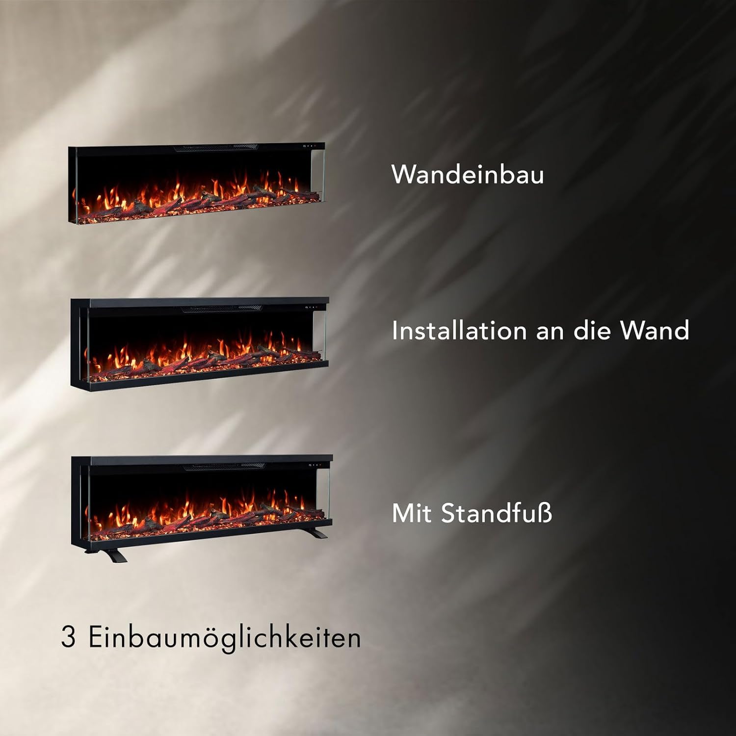 GLOW FIRE Elektrokamin Insert 182 mit realistischem 3D LED-Feuer - Wand-Elektrokamin mit Heizung und Kaminfeuer, App Steuerung, Knistereffekt & Timer, max. 1800 W, 183x35x19cm