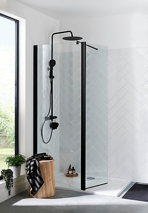 Colonne de douche thermostatique avec pommeau + douchette 3 jets + flexible + barre réglable, noir mat, GoodHome Weddell